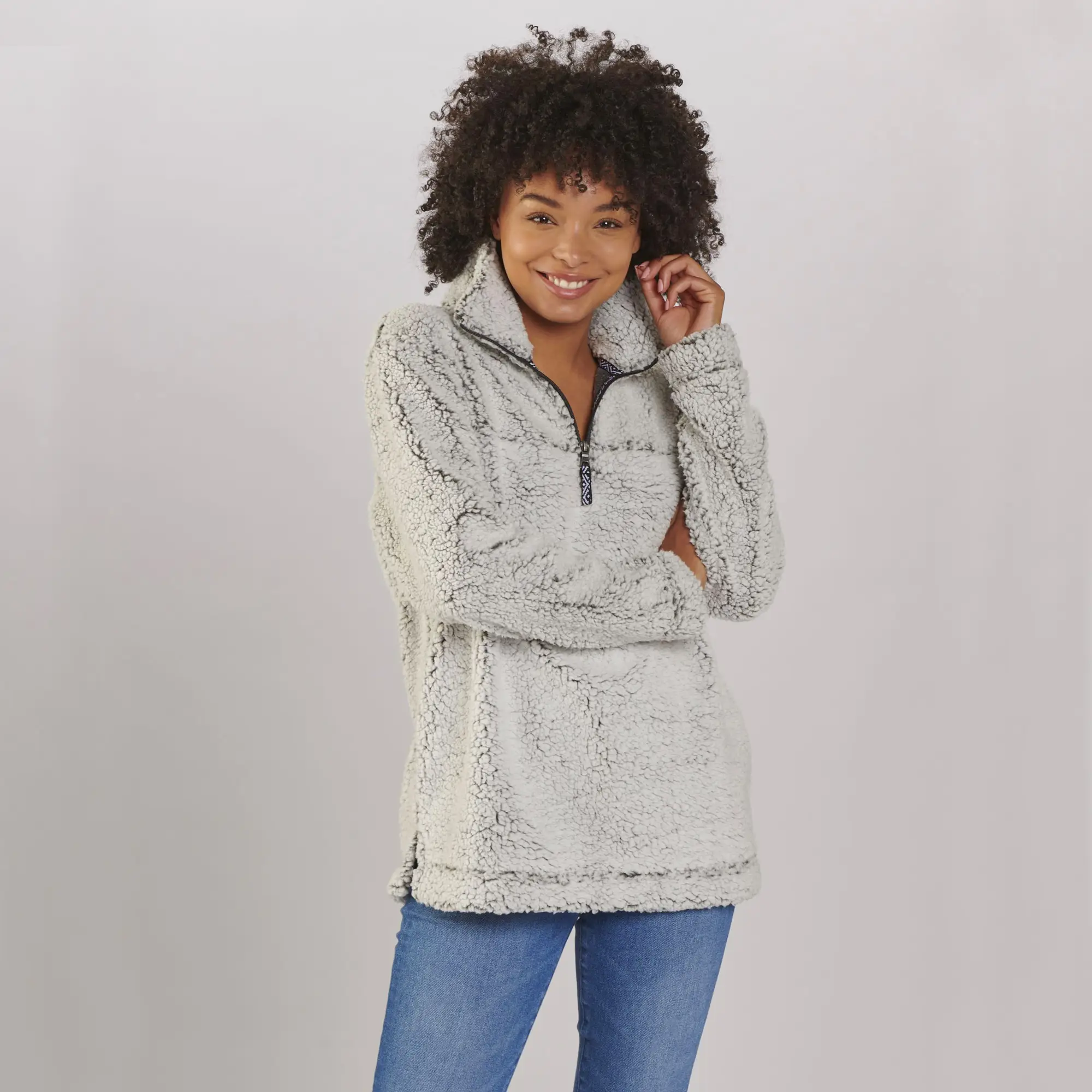 Frosty grey sherpa pullover deals